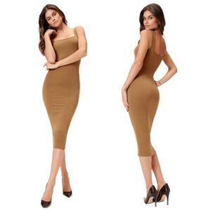 Good American Dress Midi Scoop Neck Sepia Bodycon Casual Classy Lined Sleeveless